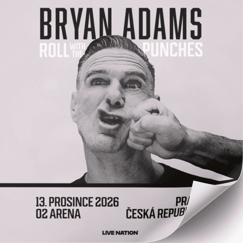 Vstupenka na koncert Bryana Adamse, propagační obrázek s jménem umělce a datem akce, grafický design.